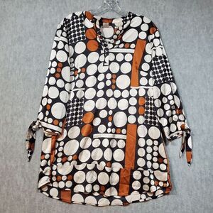 Cocomo Dress Womens Large White Black Polka Dot Tunic Silk Knot Hem Split Neck